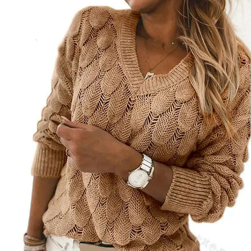 Fashion Women's V-Neck Pullover: Hollow Out, Casual Sweater Top - D&M Boutique