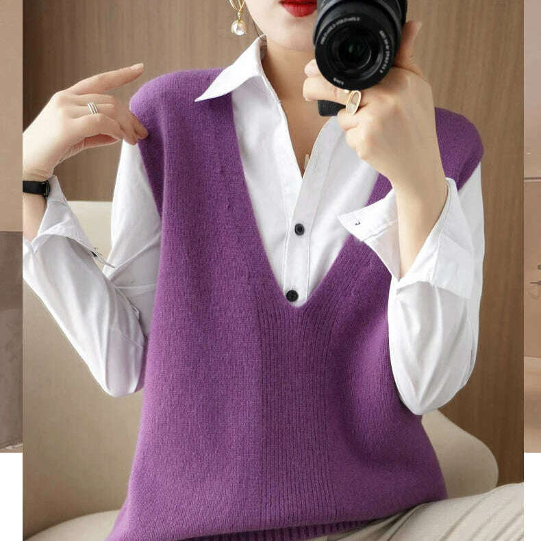 Autumn Knit V-Neck Vest – Loose, Solid, Stylish Layering - D&M Boutique