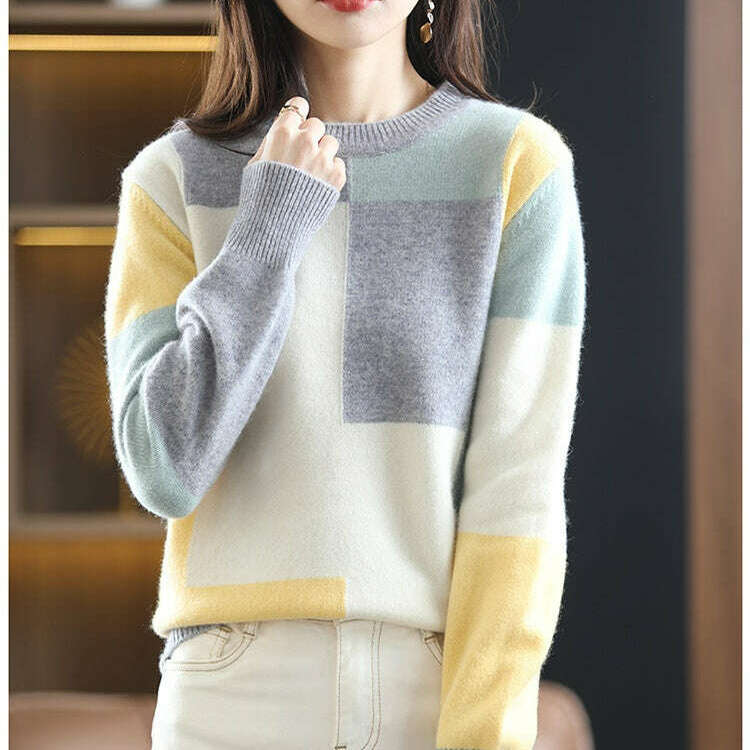 Autumn/Winter Wool Sweater – Round Neck, Color-Block, All-Match Top - D&M Boutique