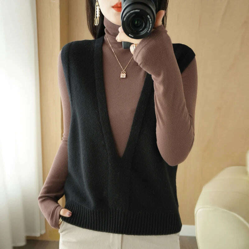 Autumn Knit V-Neck Vest – Loose, Solid, Stylish Layering - D&M Boutique
