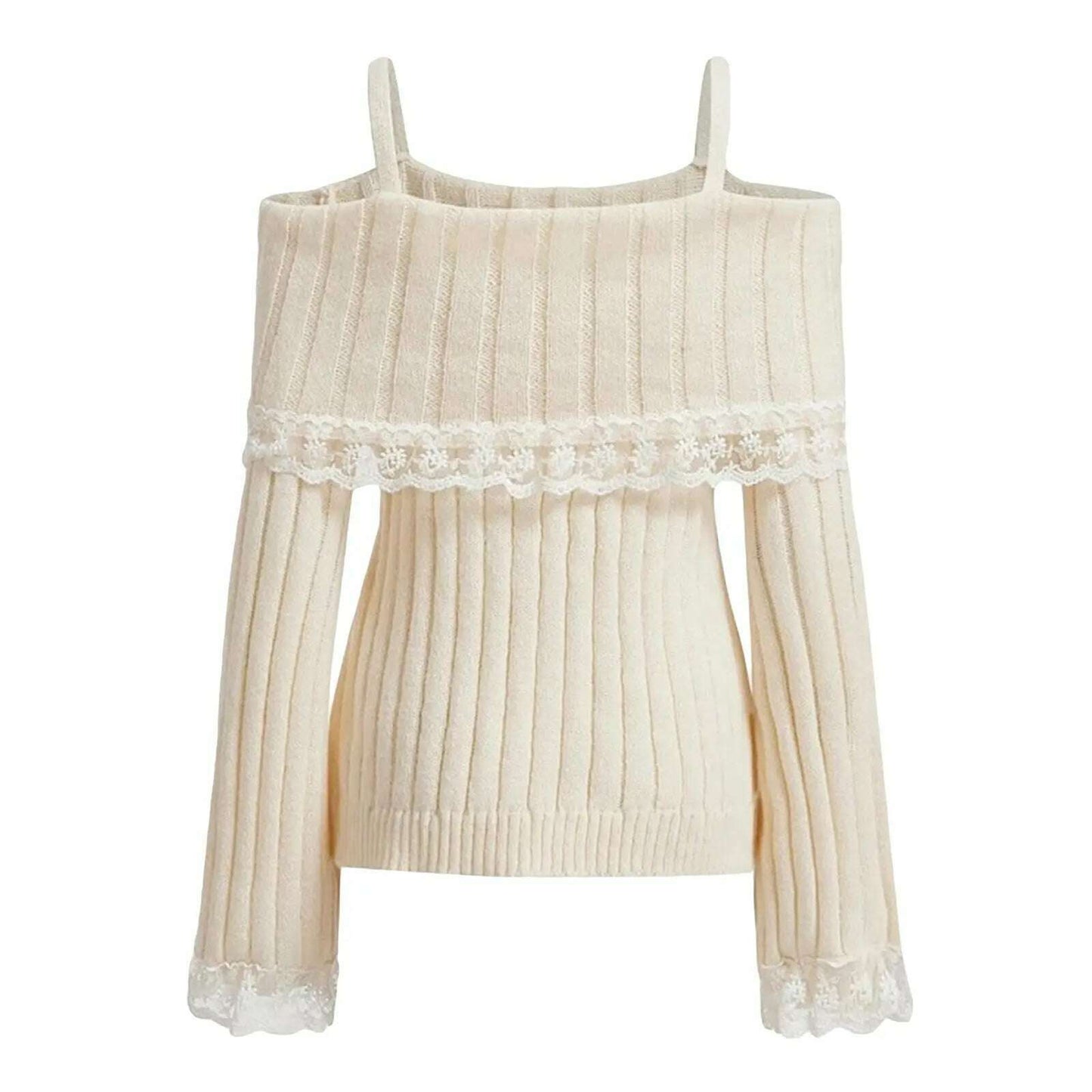 Grunge Off-Shoulder Knit Sweater: Pink, Bow Lace Y2K Jumper - D&M Boutique