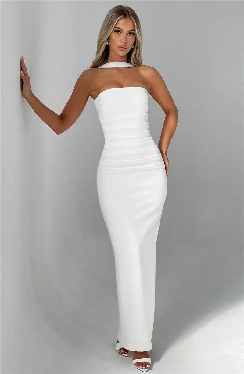 Mozision Scarf Collar Strapless Sexy Maxi Dress For Women Fashion Off-shoulder Backless Bodycon Club Party Long Dress Elegant
