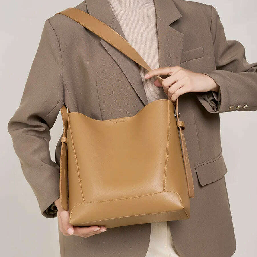 Minimalist Brown Leather Bucket Bag - Sleek and Structured