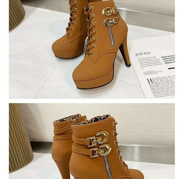 Chunky Heeled Ankle Boots - Metal Decor, Lace-Up Platform