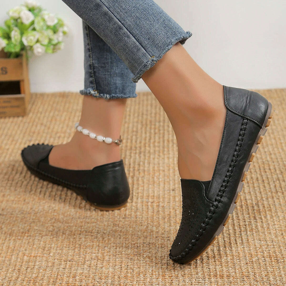 Elegant Crystal Ballerina Flats - Soft Leather Slip-On Mules