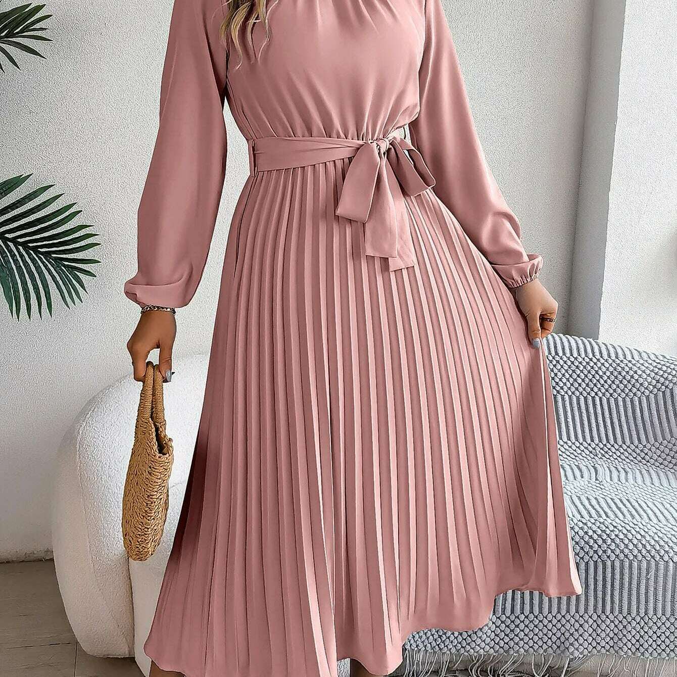 Autumn & Winter Pleated Stand-Up Collar Midi Dress