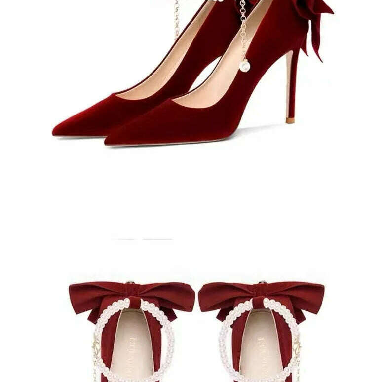 Red Xiuhe wedding shoes new pointy stiletto high heels female shallow mouth bow pearl one word buckle strap two wear bride shoes