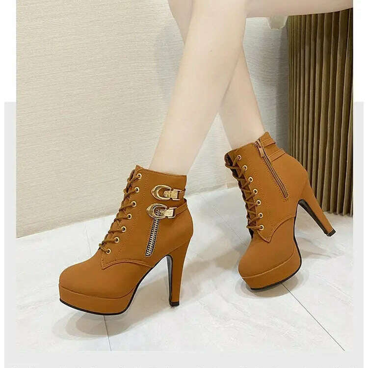 Chunky Heeled Ankle Boots - Metal Decor, Lace-Up Platform