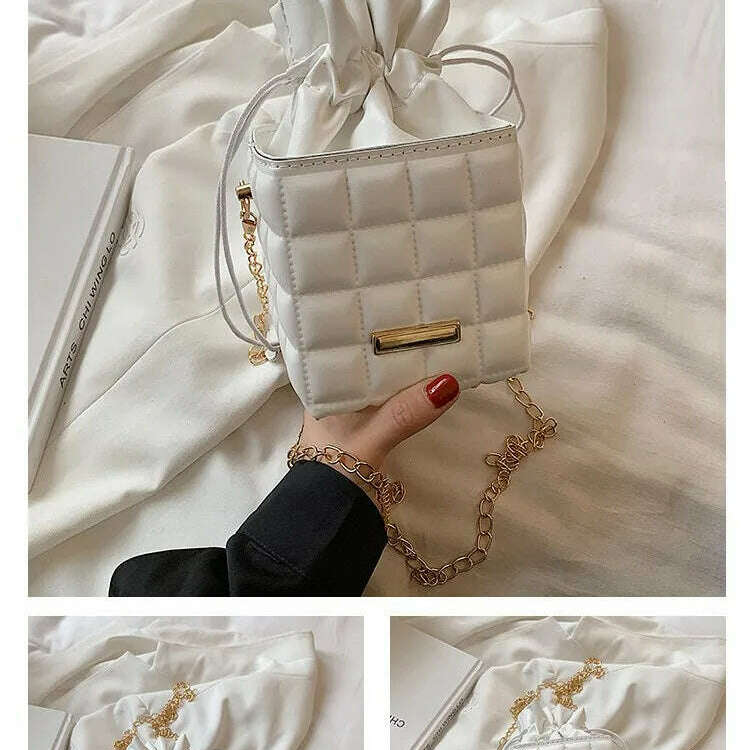 Trendy Checker Drawstring Crossbody Bag with Chain Strap