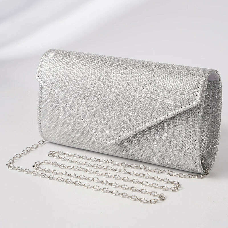 Glitter Envelope Handbag - Silver Chain Mini Crossbody