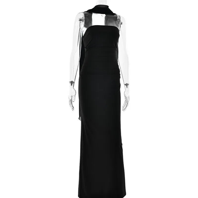 Mozision Scarf Collar Strapless Sexy Maxi Dress For Women Fashion Off-shoulder Backless Bodycon Club Party Long Dress Elegant