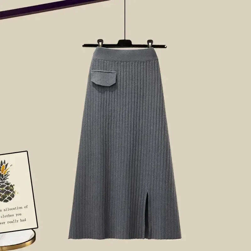 Plus Size Autumn Knit Skirt Set – Loose-Fit Shirt, High-Waist Style - D&M Boutique