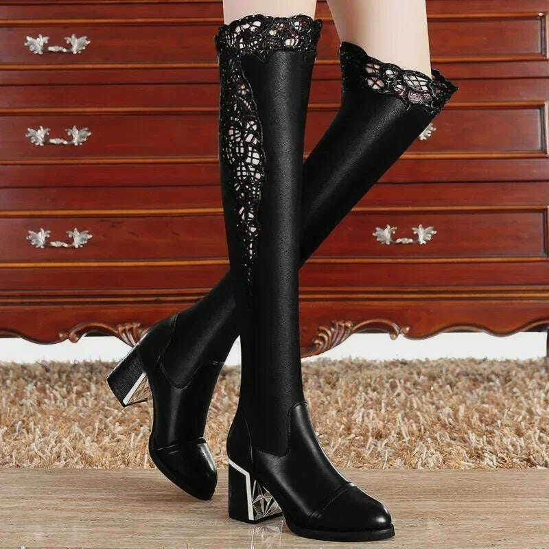 Women Embroidered Lace Knee Boots