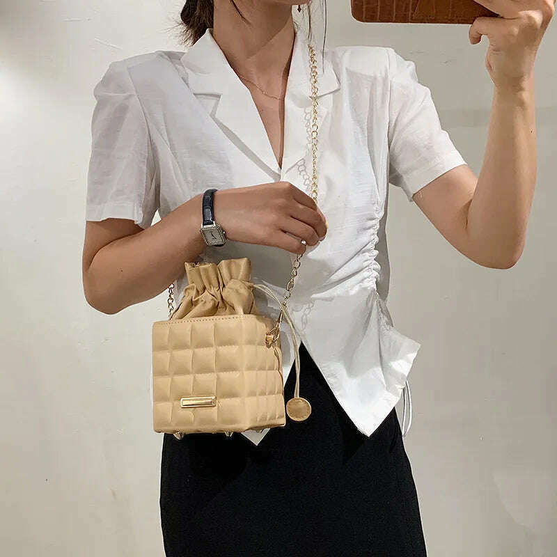 Trendy Checker Drawstring Crossbody Bag with Chain Strap