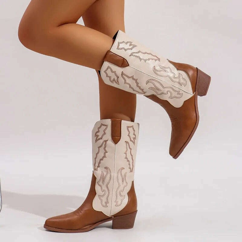 Women's Embroidered Slip-On Mid-Calf Boots