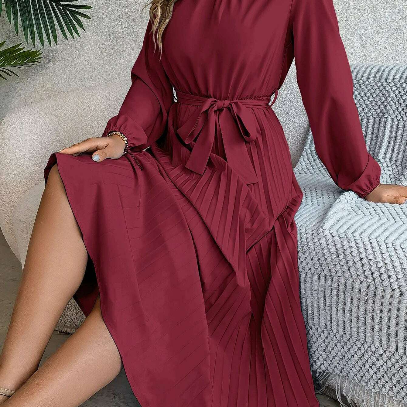 Autumn & Winter Pleated Stand-Up Collar Midi Dress