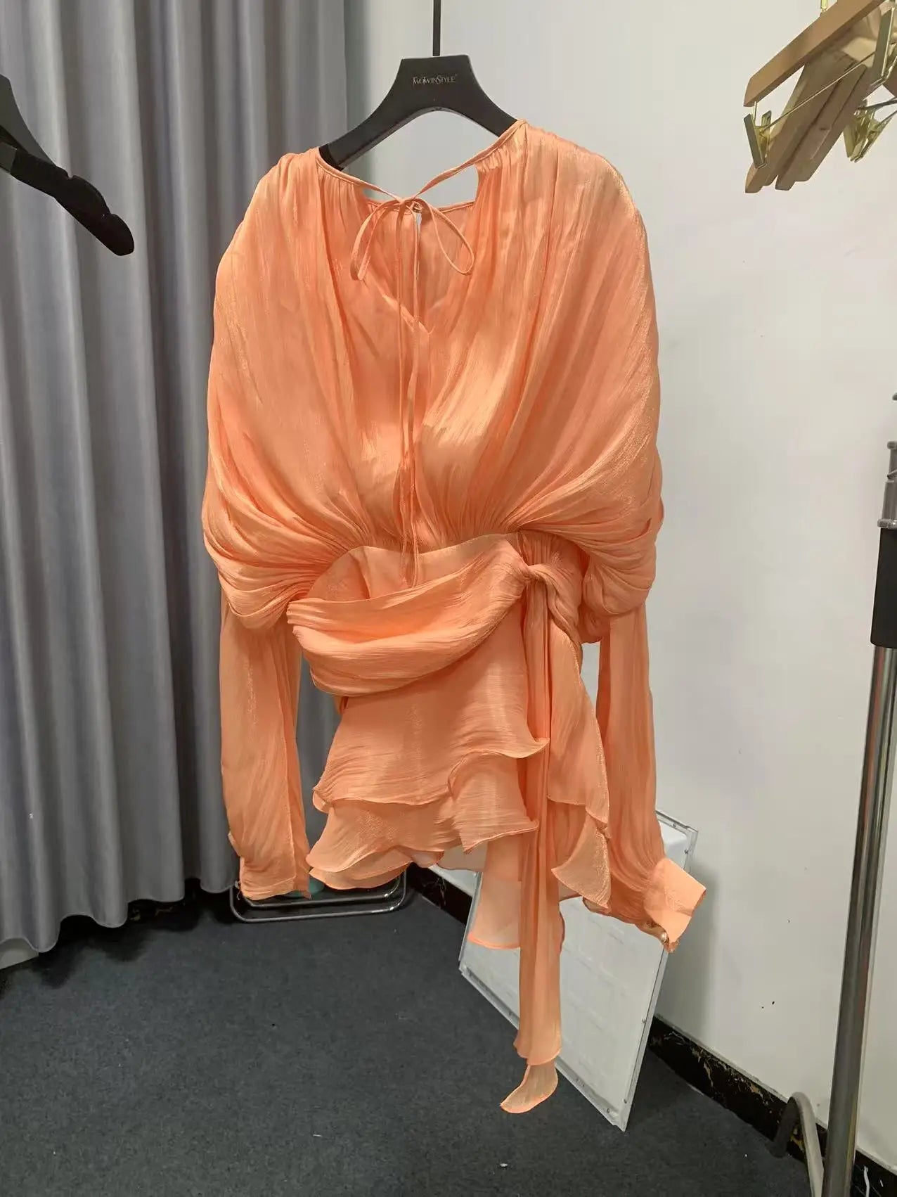 VGH Minimalist Solid Loose Short Dresses For Women Round Neck Long Sleeve High Waist Spliced Lace Up Chic Dress Female Fashion