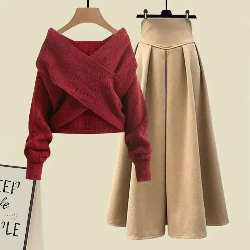 Fall Winter Women’s Knitted Sweater & Pleated Skirt Set - D&M Boutique