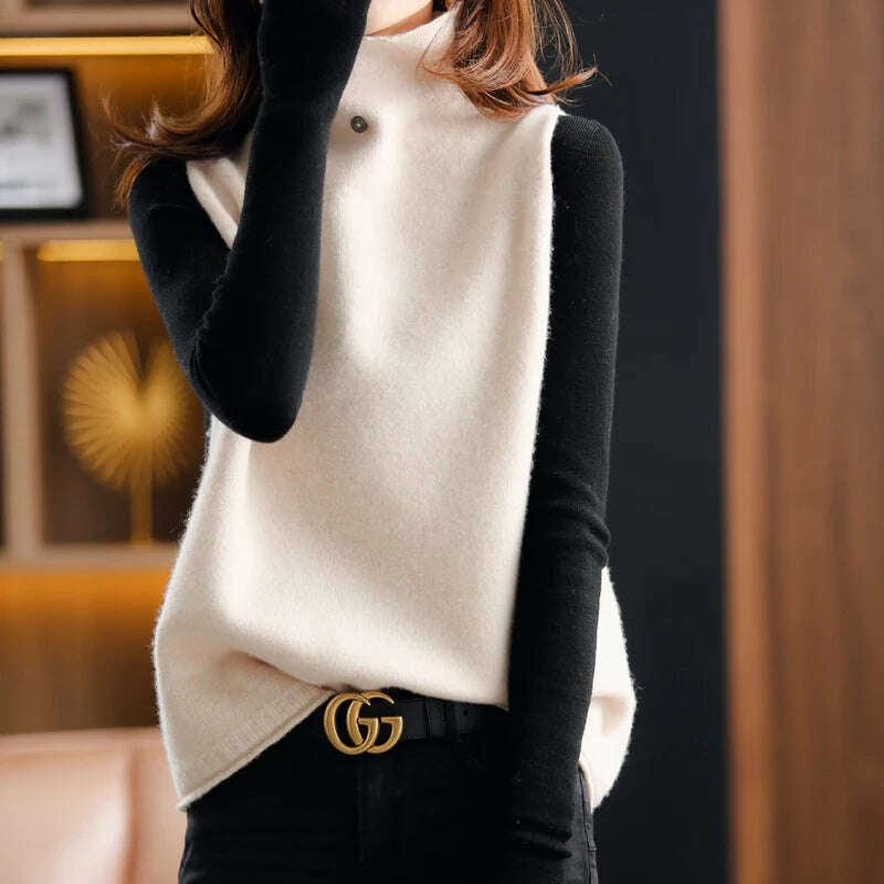 High Neck Cashmere Vest – 100% Wool, Loose, Sleeveless Pullover - D&M Boutique