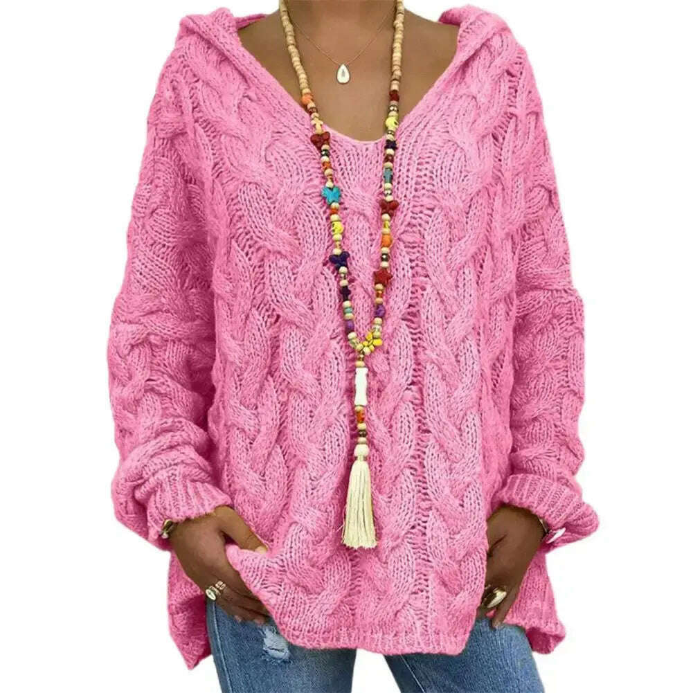 Hooded V-Neck Twist Knitted Hoodie: Autumn/Winter Loose Sweater - D&M Boutique