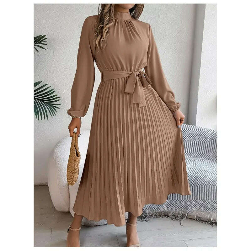 Autumn & Winter Pleated Stand-Up Collar Midi Dress
