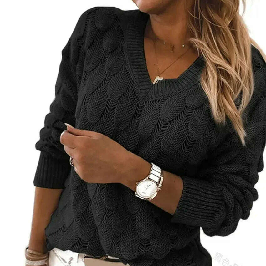 Fashion Women's V-Neck Pullover: Hollow Out, Casual Sweater Top - D&M Boutique