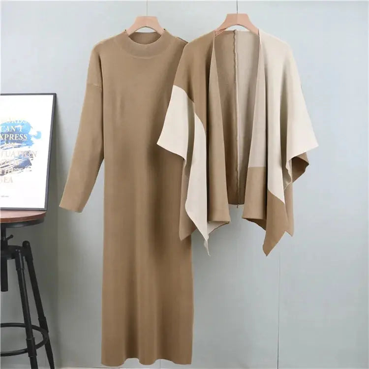 Elegant Knitted Two-Piece Set: Color Block Shawl & Dress - D&M Boutique