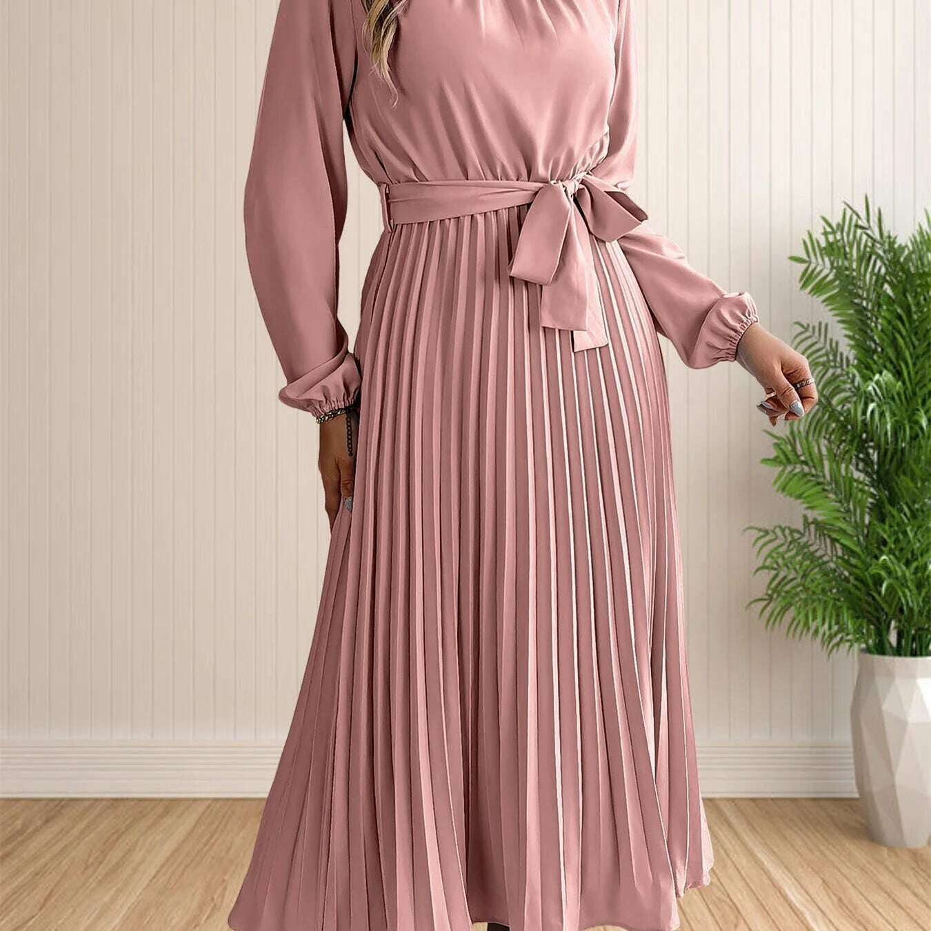 Elegant Pleated Lace-Up Long Sleeve A-Line Sundress
