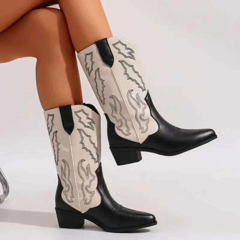 Women's Embroidered Slip-On Mid-Calf Boots