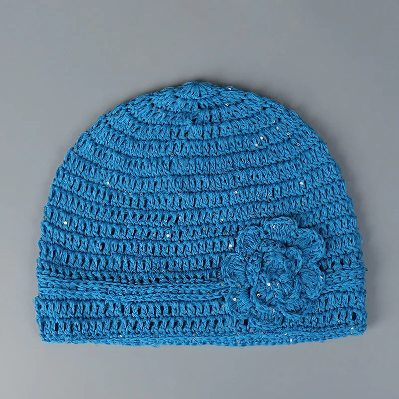 Popular Handmade Crochet Summer Beanies Hat For Women Solid Fashion Flower Sequin Best Matched Girls Skullies Bonnets Cap Gift