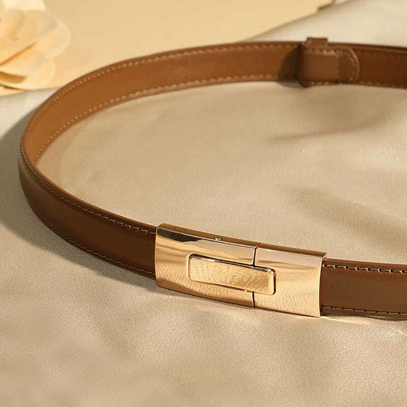 High-Quality Genuine Leather Women’s Belt with Golden Lock Buckle