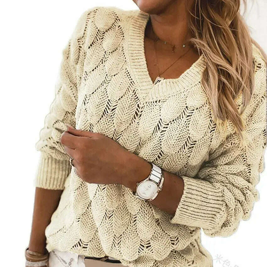 Fashion Women's V-Neck Pullover: Hollow Out, Casual Sweater Top - D&M Boutique
