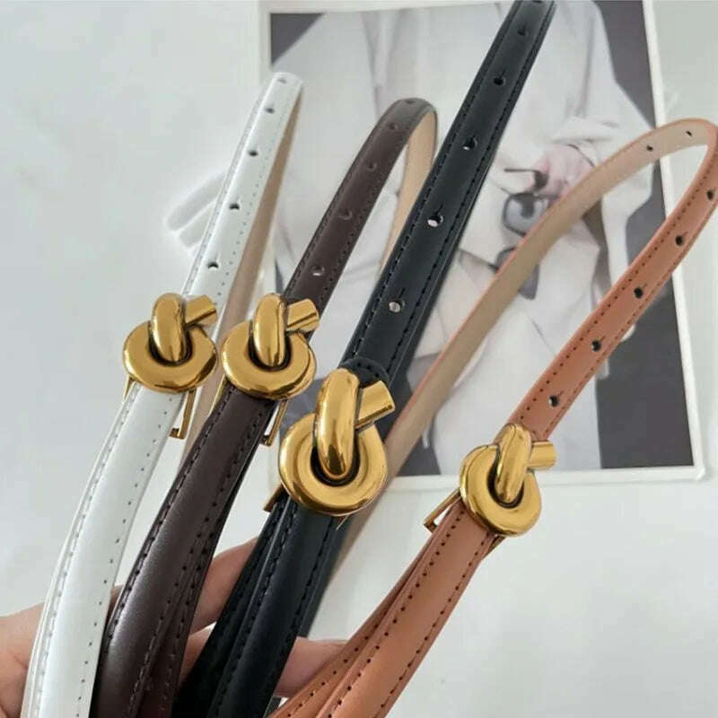 Adjustable Thin Genuine Leather Belt with Metal Knot Buckle