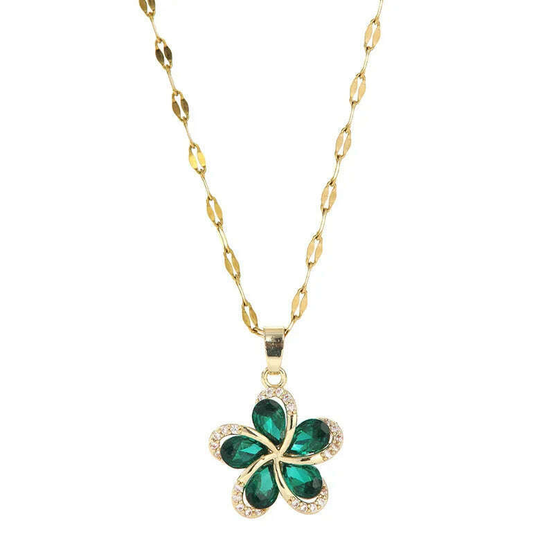 Rotating Titanium Steel Necklace with Vintage Flowers for Women Copper Micro-set Clavicle Chain Sweater Chain Green Zircon