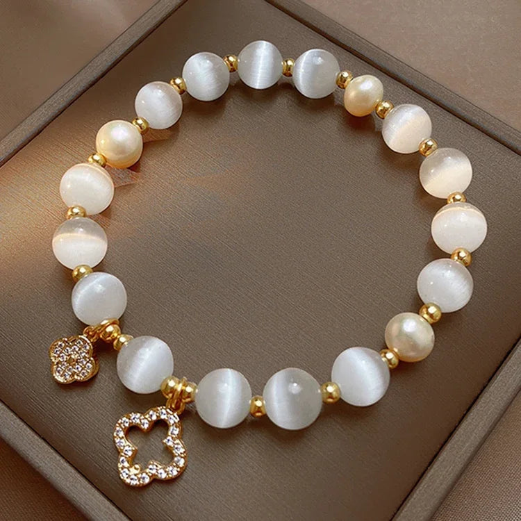 Kirykle Natural Crystal Bracelet for Women White Opal Stone Pearl Fashion Lucky Four-leaf Clover Women's Jewelry Bangles Gift