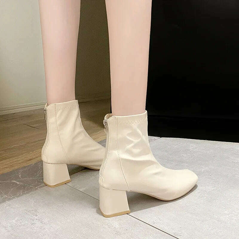 Casual Women's Thick Heel Medium Heel Boots Women's 2024 New Winter Square Toe Back Zipper Heightening Short Boots