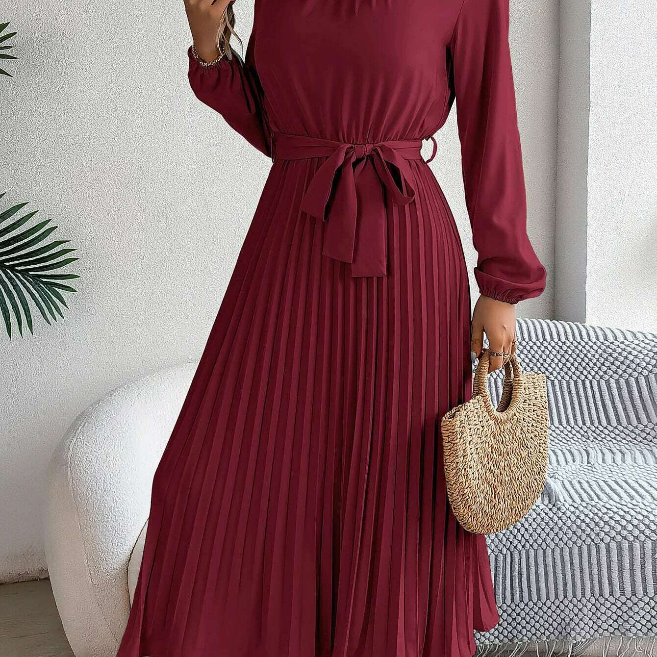 Autumn & Winter Pleated Stand-Up Collar Midi Dress