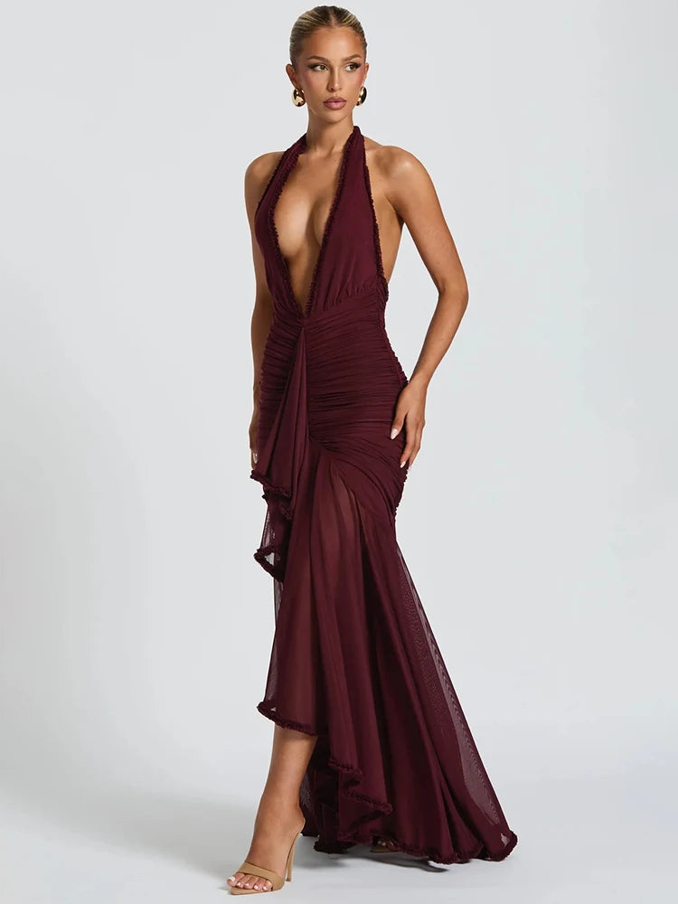 Mozision Elegant Halter Deep V Neck Sexy Maxi Dress Women Fashion Sleeveless Backless Ruched Evening Club Party Long Dress