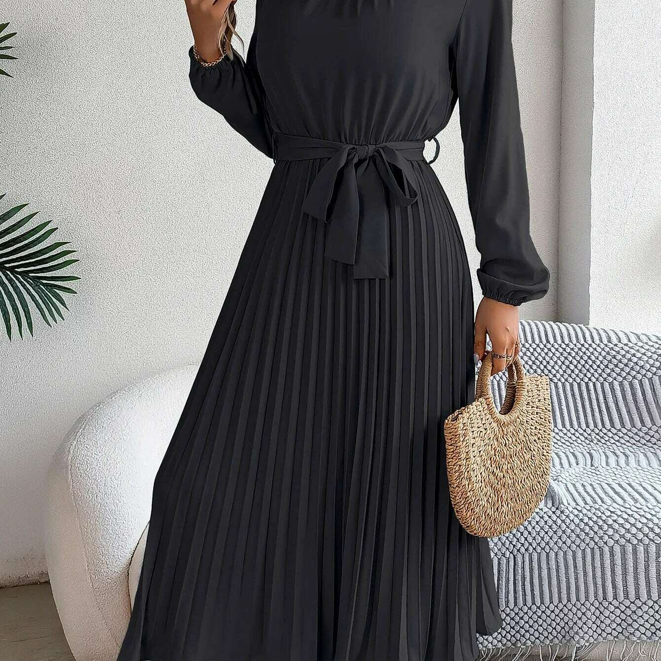 Autumn & Winter Pleated Stand-Up Collar Midi Dress