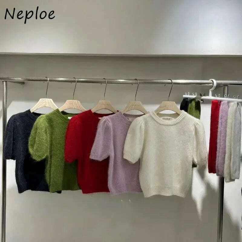 Neploe Korean Office Sweater: O-Neck, Short Sleeve, Solid Color Pullover - D&M Boutique