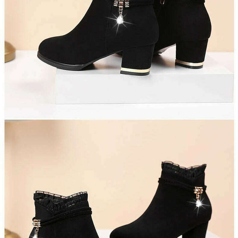 Autumn Fur Ankle Boots - High Heel & Rhinestone Detail