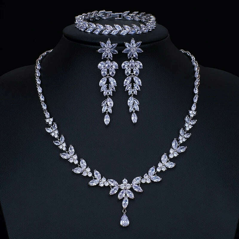 Ekopdee Luxury Brilliant Cubic Zirconia Necklace Set Earrings Rings Women CZ Light Drop Bridal Wedding Jewelry Sets 2022 New
