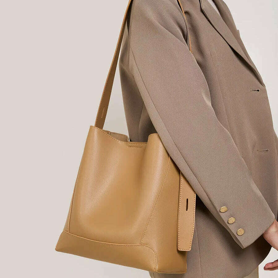 Minimalist Brown Leather Bucket Bag - Sleek and Structured