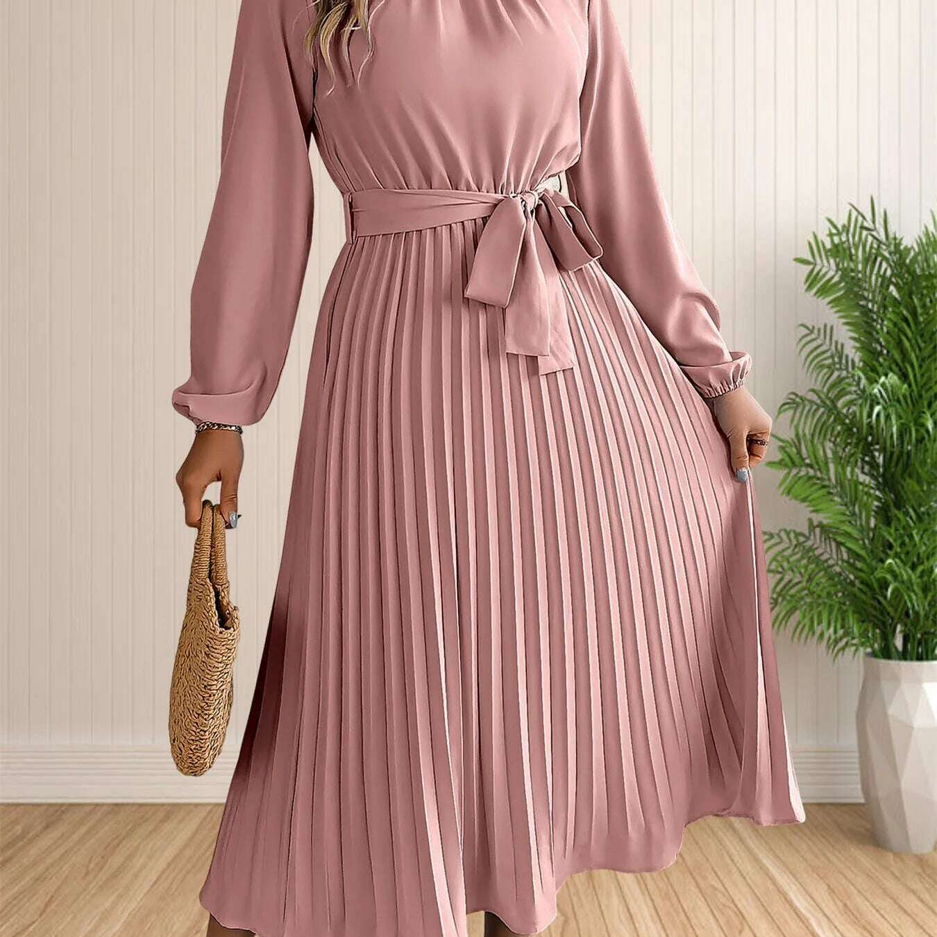 Elegant Pleated Lace-Up Long Sleeve A-Line Sundress