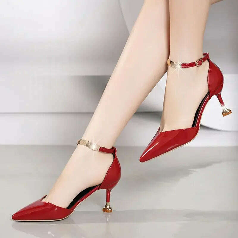 2024 Zapatos De Mujer Women Fashion Sweet Pointed Toe Buckles Strap Stiletto Heels Lady Cool Red Party Heel Shoes White Heels