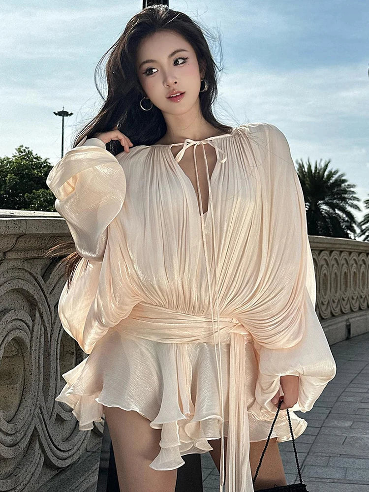 VGH Minimalist Solid Loose Short Dresses For Women Round Neck Long Sleeve High Waist Spliced Lace Up Chic Dress Female Fashion