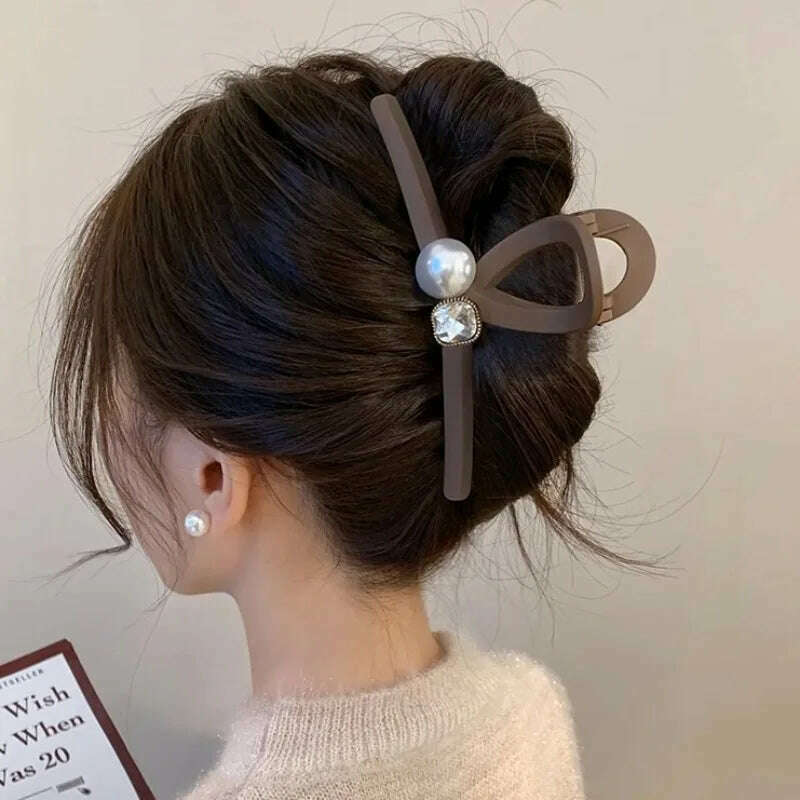 13cm Black Frosted Shark Hair Claw Clip with Pearl Detail