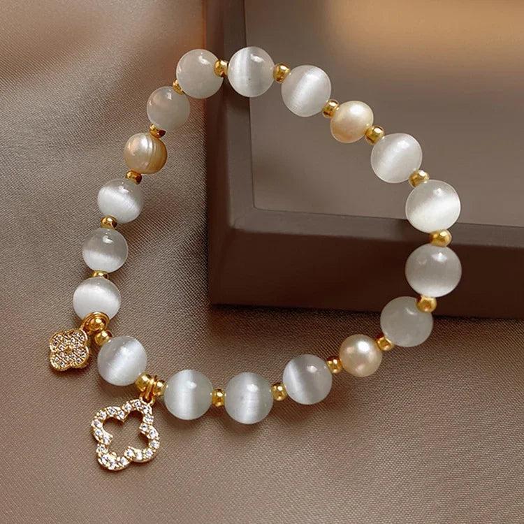 Kirykle Natural Crystal Bracelet for Women White Opal Stone Pearl Fashion Lucky Four-leaf Clover Women's Jewelry Bangles Gift