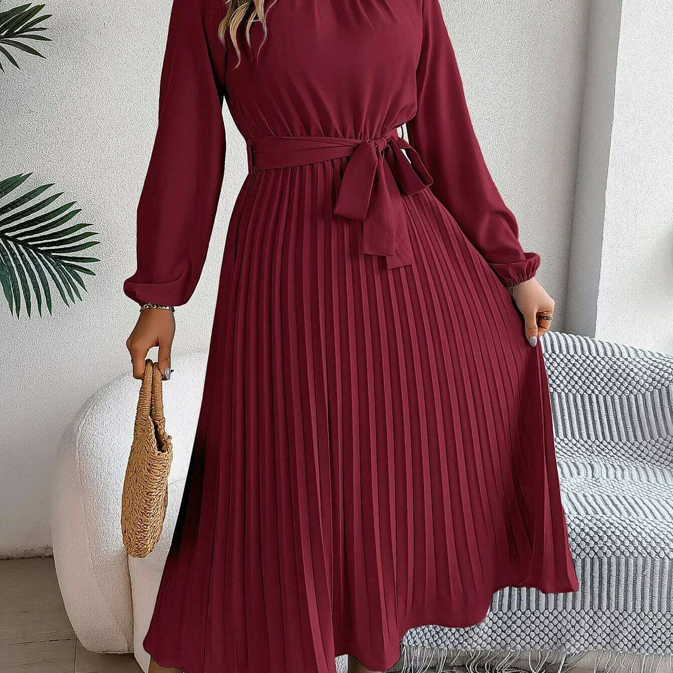 Autumn & Winter Pleated Stand-Up Collar Midi Dress