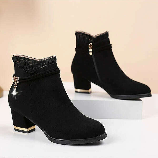 Autumn Fur Ankle Boots - High Heel & Rhinestone Detail